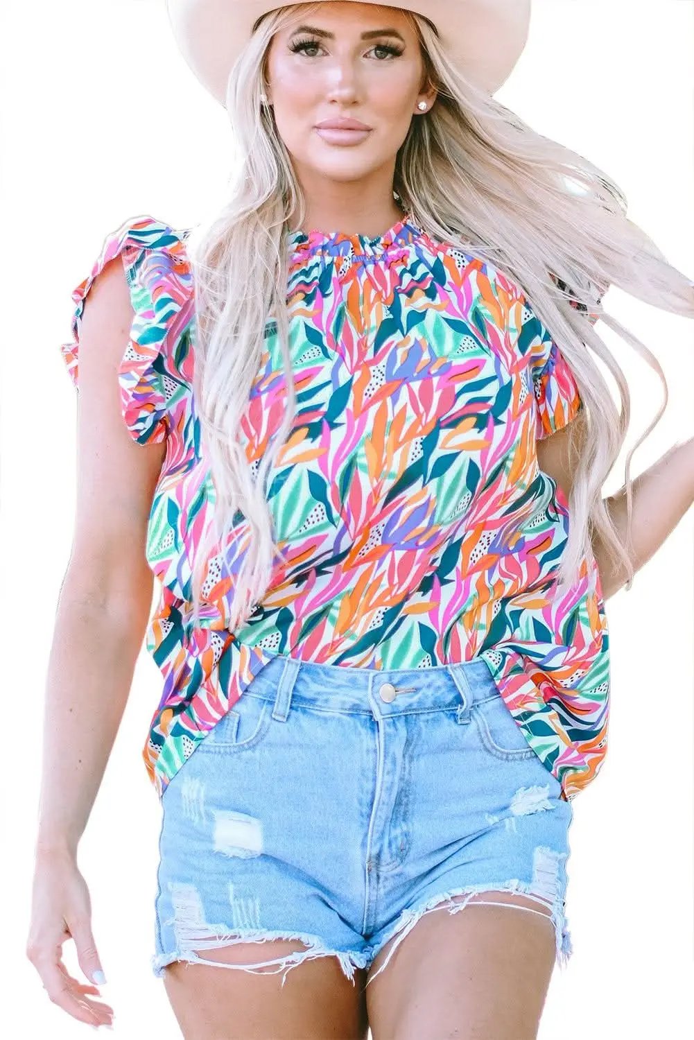 Rose Red Floral Print Ruffled Flutter Sleeve Blouse - Love Salve